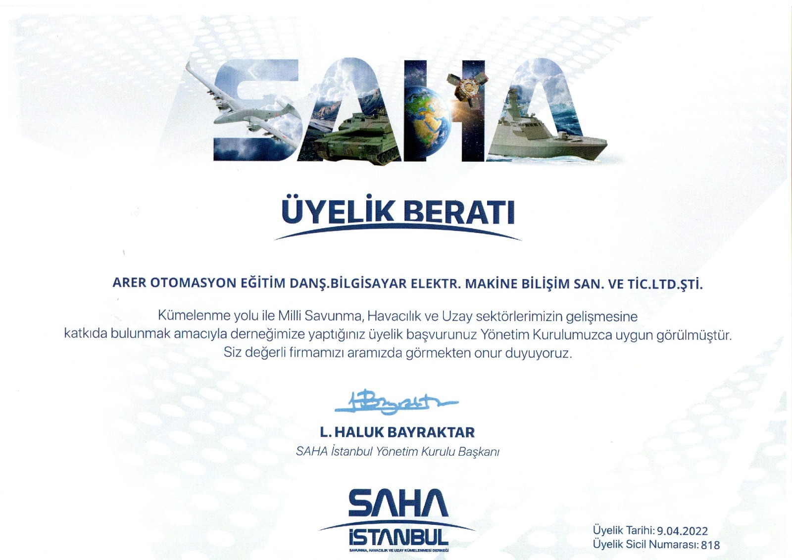 Saha İstanbul Üyelik Belgesi